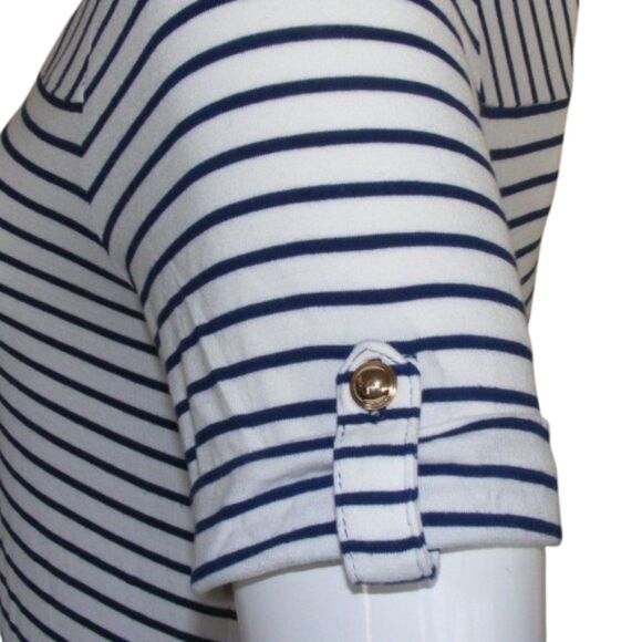 CHICO'S Mini Dress, 0/S, White, Navy Stripes, Short sleeve, Split neck, Jersey - Picture 5 of 12